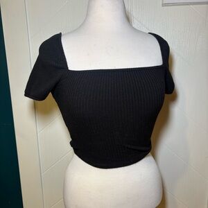 H&M Black Ribbed Square Neck Crop Top Short‎ Sleeve Basic Minimalist Neutral S
